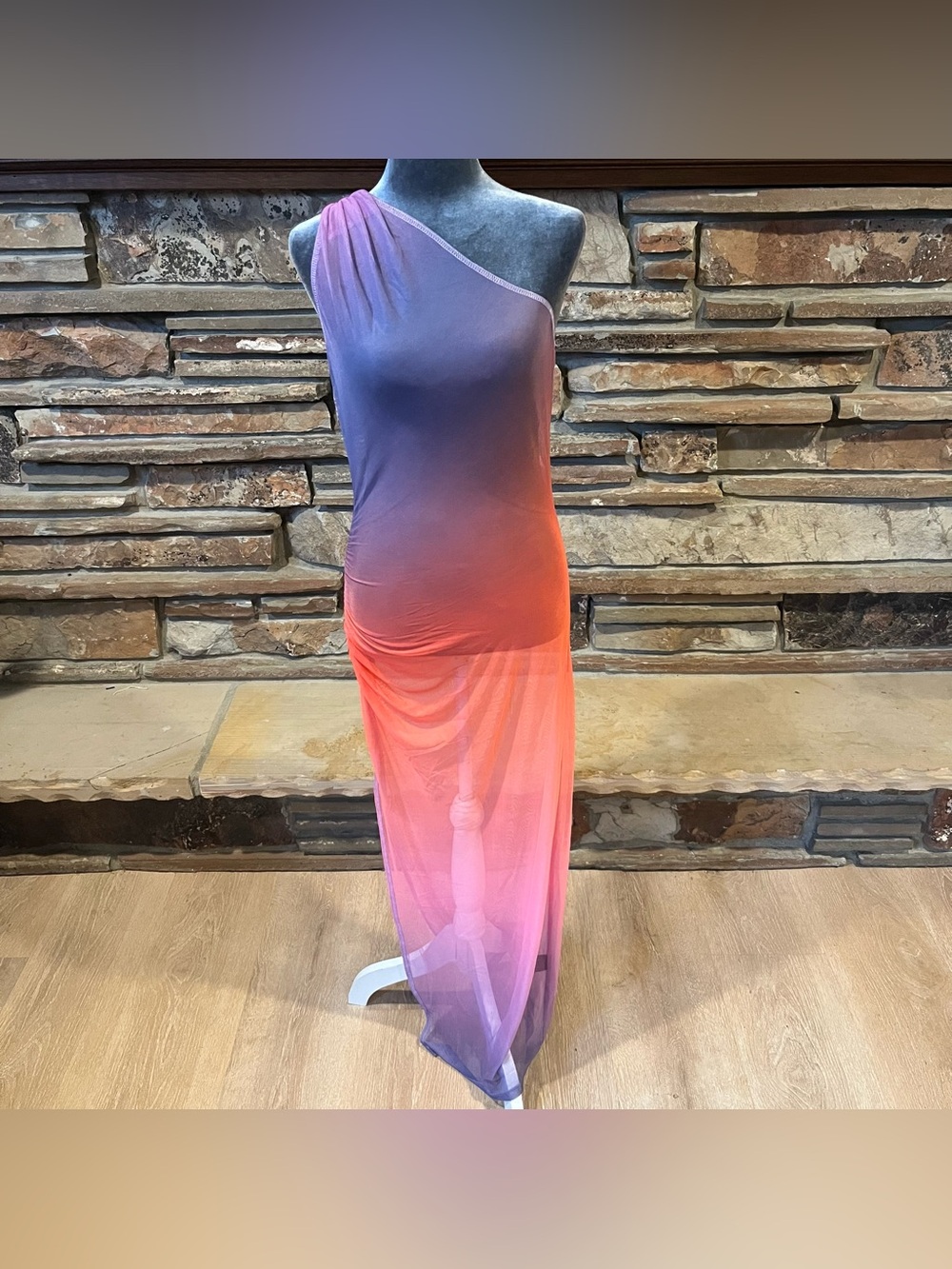 Hutch Aurora One-Shoulder Ombre Sheer Cover-Up Midi Dress Purple and Orange